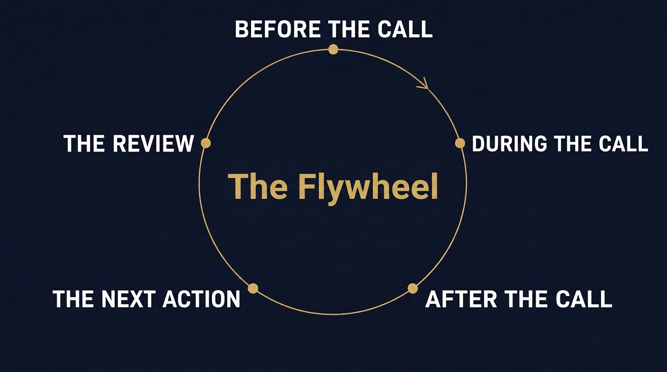 The Flywheel: before the call flows clockwise into during the call, after the call, the next action, and the review, repeating with every call